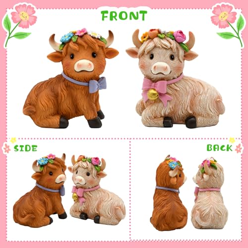 Spring Highland Cow Figurines - Set of 2 Farmhouse Decor