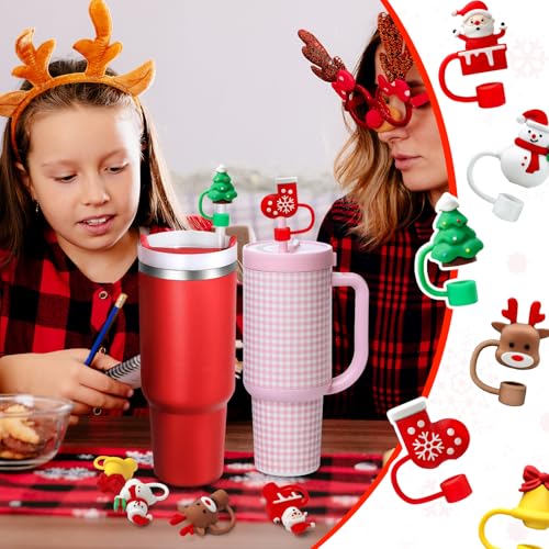 Christmas Reusable Straw Cover Caps for 30oz & 40oz Tumblers - Santa, Elk & Jingle Bell Designs - Pack of 6
