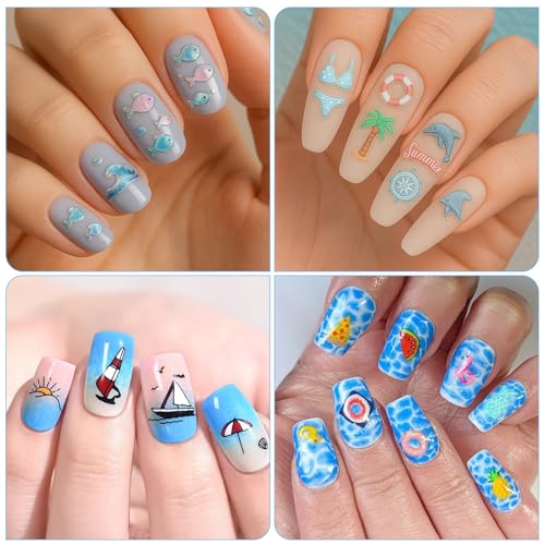 IDDFEVE 5D Embossed Summer Nail Stickers - Tropical Beach Palm Tree & Wave Decals (2 Sheets)
