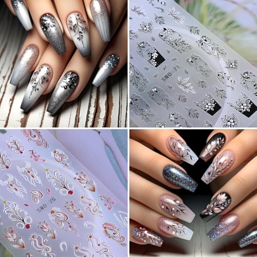 3D Embossed Floral Vine Nail Art Stickers - Retro Black White Pink Nail Decals