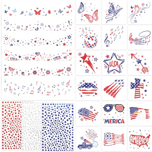 Fancy Land 4th of July Glitter Face Tattoos & Gem Stickers 27Pcs