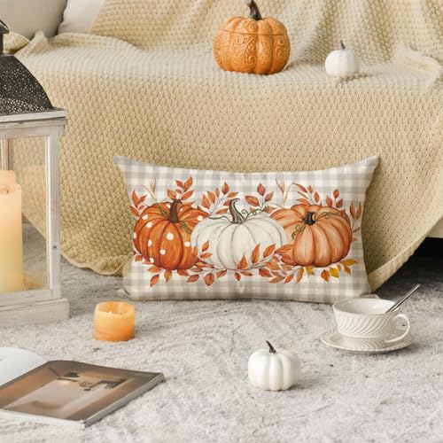 Fall Pumpkin Plaid Throw Pillow Cover - 12x20 Inch Seasonal Decor
