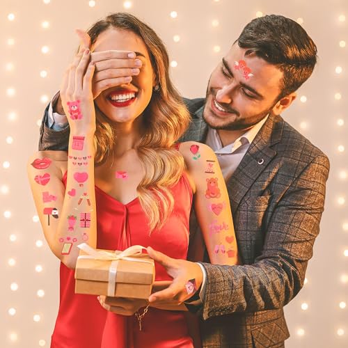 Huskein 144 PCS Valentine's Day Temporary Tattoos - Waterproof Romantic Heart Fake Tattoos for Party Favors