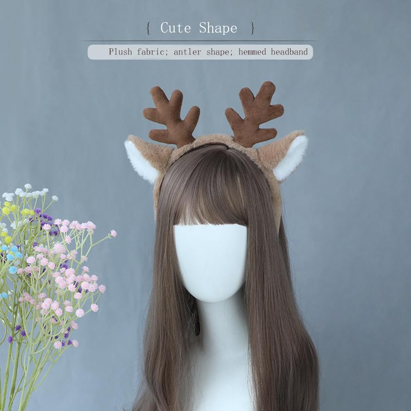 Reindeer Antlers Headband - Fluffy Animal Ears Deer Costume Accessory