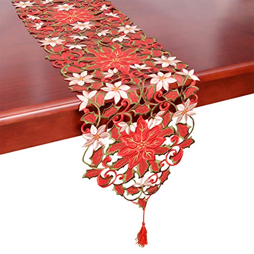Simhomsen Christmas Poinsettia Embroidered Table Runner 13x72 Inch - Holiday Decor