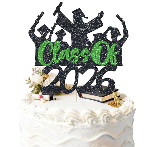 Class of 2026 Graduation Cake Topper - Green Glitter Decor