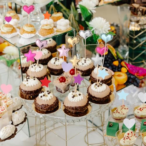 40 Pcs Colorful Heart and Star Cupcake Toppers for Parties