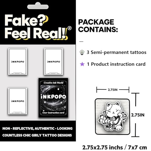 INKPOPO Semi-Permanent Cat Temporary Tattoos - 3 Sheets Waterproof 15-Day Wear