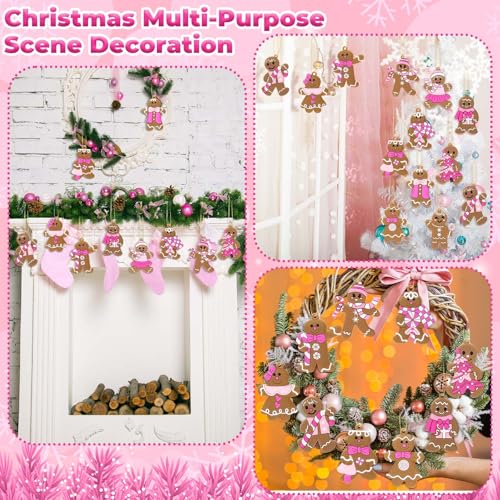 Pink Gingerbread Man Christmas Ornaments Set of 24 - Holiday Tree Decorations