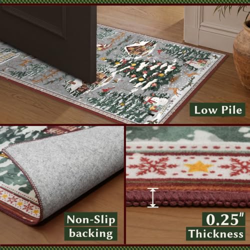Grey Christmas Area Rug 5x7 ft Non-Slip Village Scene Living Room Decor