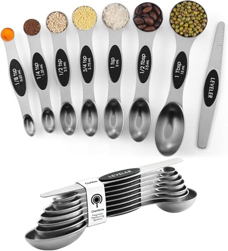 ChefAide Black Magnetic Measuring Spoons Set, Dual Sided Stainless Steel