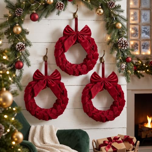 Christmas Velvet Wreath with Bow 14 Inch Front Door Decor in Red - Holiday Home Decoration