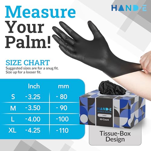 Hand-E Touch Large Black Nitrile Disposable Gloves 50 Count - Powder & Latex-Free, Food & Tattoo Use