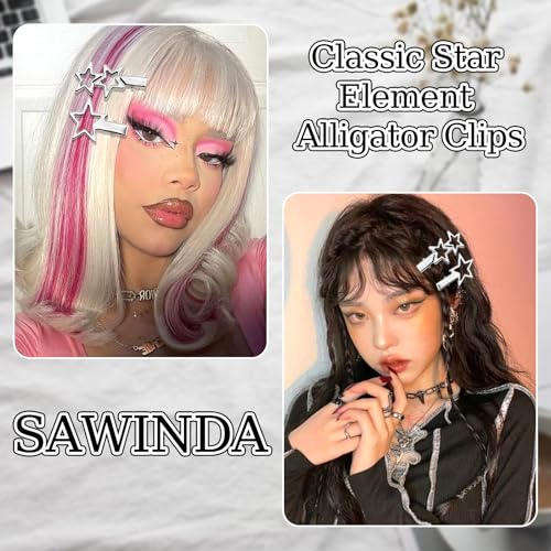 SAWINDA Y2K Silver Star Hair Clips Metal Pentagram Hair Barrettes 8 PCS