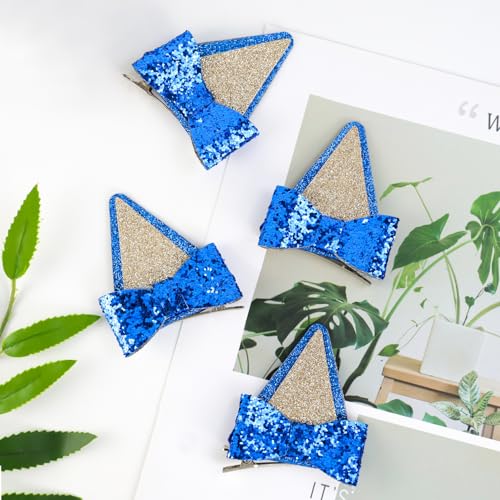 Blue Glitter Dog Ear Hair Clips with Bows 2 Pairs