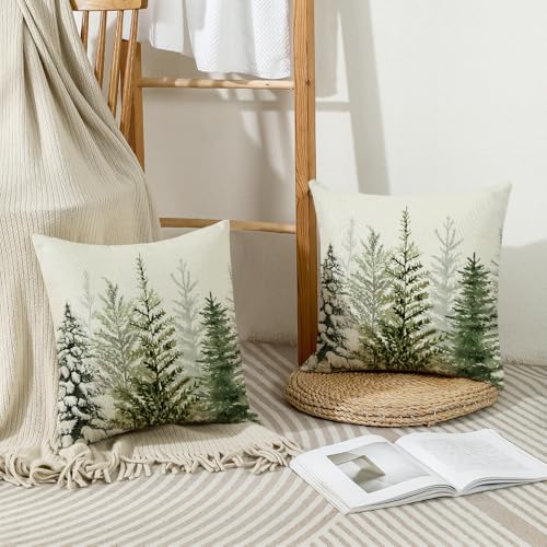 Green Watercolor Christmas Pillow Covers Set of 2 - 18x18 Inch Decorative Cushions