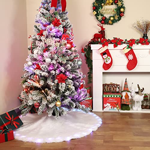 30 Inch Faux Fur Christmas Tree Skirt with LED Lights White Snow Plush Xmas Decor - Variation: White With Light / 30In
