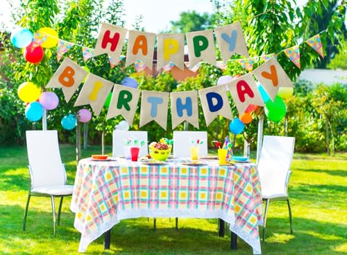 Pre-Strung Burlap Happy Birthday Banner - Colorful Party Decor