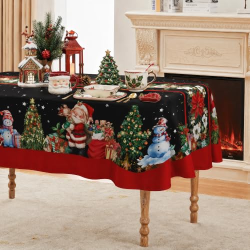 Christmas Tablecloth 60x84 Inch Oval Santa Snowman Poinsettia Vintage Polyester