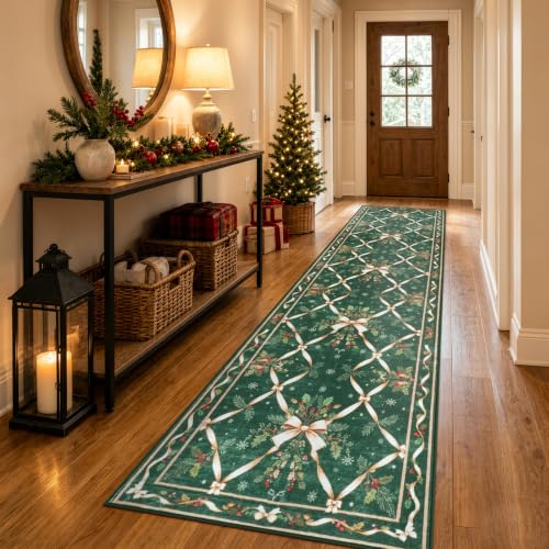 Evergreen Gold Christmas Runner Rug 2ft x 10ft Washable Non-Slip Holiday Decor