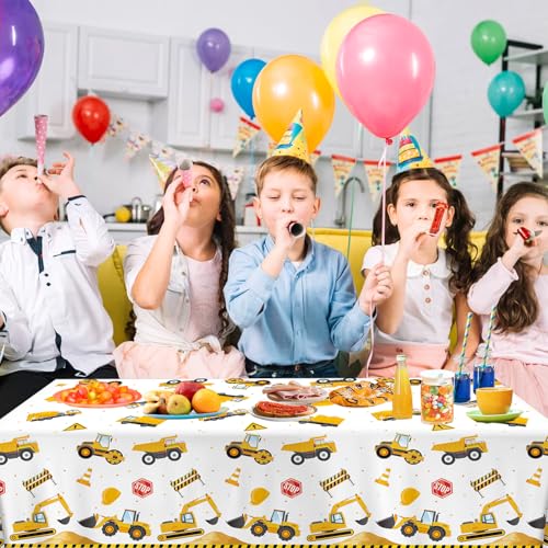 Construction Tablecloths Pack - 3 Plastic Table Covers for Birthday Party Decorations, 54 x 108 Inches