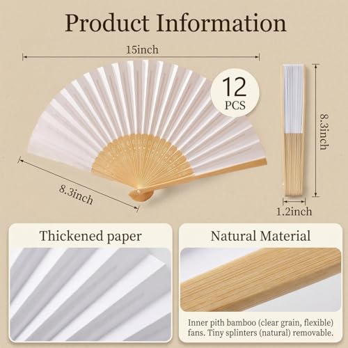 12-Pack 8.3 Inch White Paper Hand Fans for Weddings & Parties