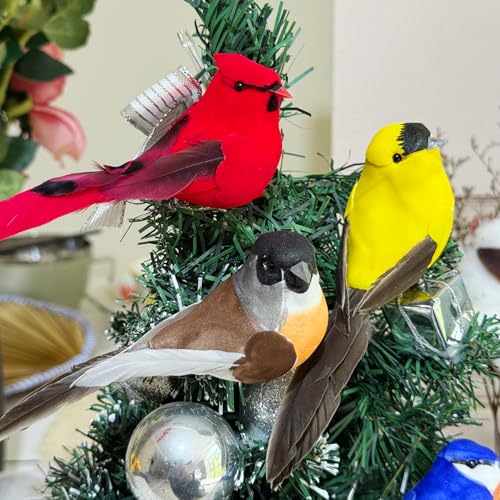 Handmade Foam and Feather Clip-On Birds for Holiday Decor - 4PCS