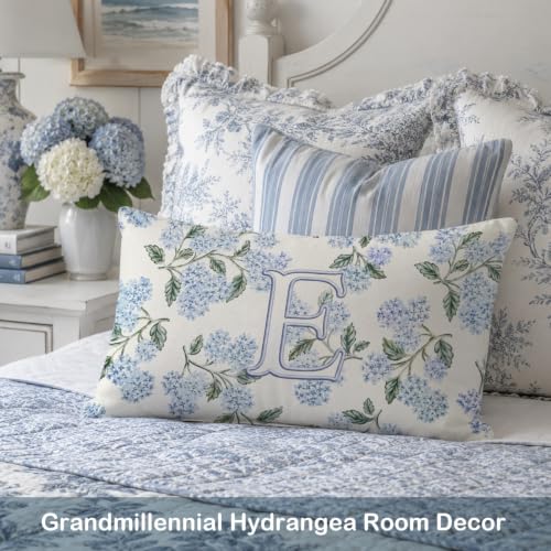 Personalized Blue Hydrangea Monogram Letter E Lumbar Pillow Cover 12x20