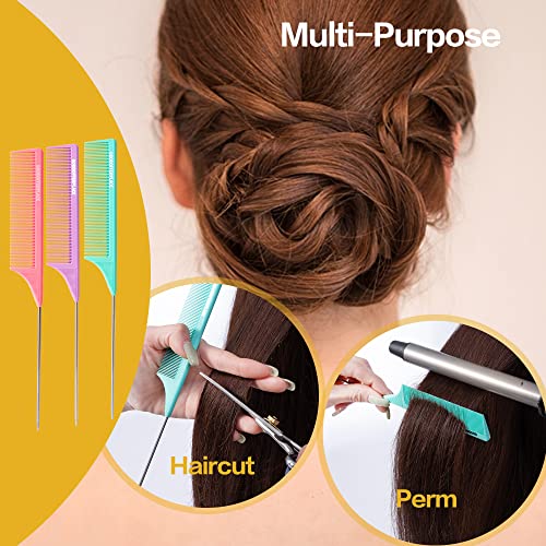 Rat Tail Combs 3-Pack with Metal Pick for Braiding and Parting