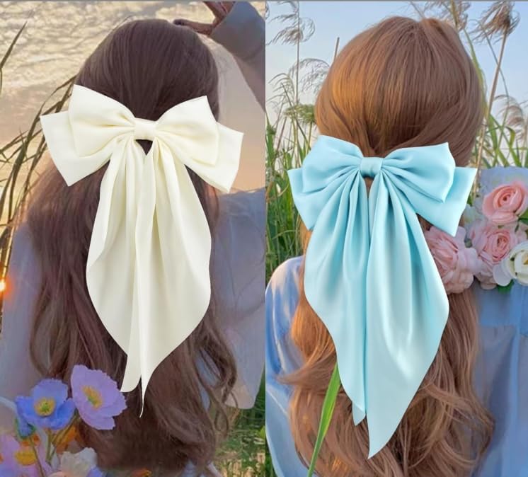 Light Blue Jumbo Silky Satin Hair Bow Clip with Long Tails