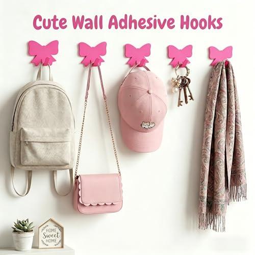 8 Pcs Pink Bow Knot Adhesive Wall Hooks - Cute Kawaii Decor for Hanging
