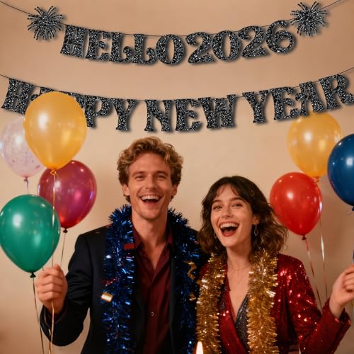 2026 Happy New Year Banner - Black Glitter Party Decoration