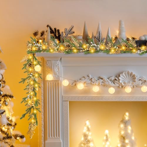 5.2ft Christmas Garland with Lights, Pine Needles, Pinecones, 40 LEDs, Battery Operated Indoor Decor
