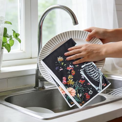 Gothic Skull Kitchen Towels 2 Pack - Cute Goth Flower Microfiber Dish Hand Towels with Hanging Loop