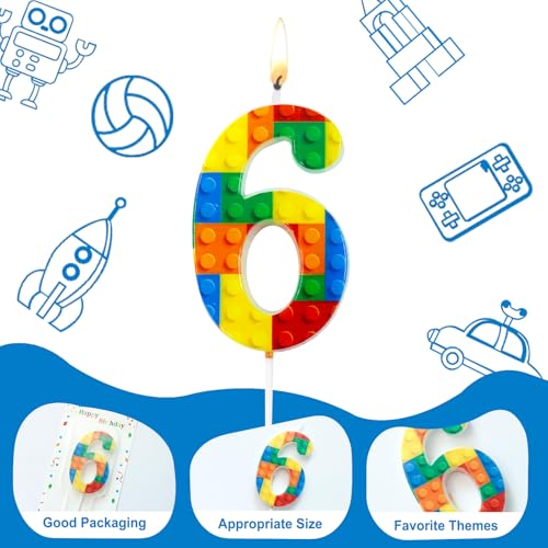 Ceya Number 6 Building Block Birthday Candles - 4.5 Inch, Party Decor, Building Theme, Variation: Building / 6