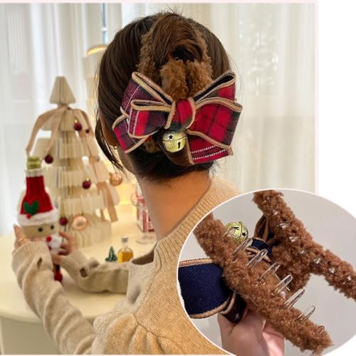 Christmas Red Bow Hair Claw Clip with Bell Rhinestone Holiday Barrette