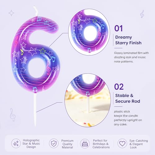 Purple Music Note 6th Birthday Candle - Kpop Cake Topper Decoration