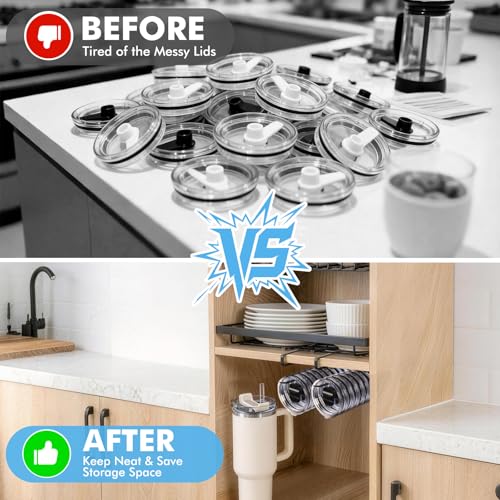 Heavy Duty Iron Tumbler Lid Organizer 2 Pack - Under Cabinet Space Saver for 20-40 oz Lids