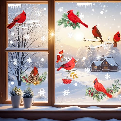 Winter Cardinal Window Clings 150 pcs Holiday Christmas Red Bird Glass Stickers with Branches & Snowflakes - Red