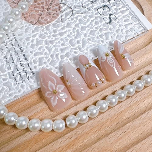 White French Tip Press on Nails Medium Almond with 3D Flowers