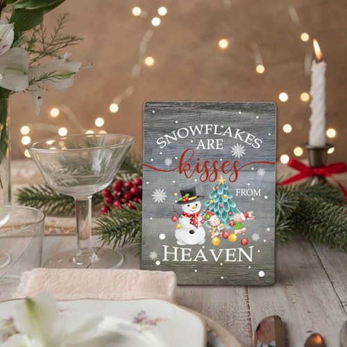 Christmas Snowman Decor Sign with Snowflakes - 5x7 Inch Wooden Winter Holiday Home Office Table Display Variation of Snowflakes