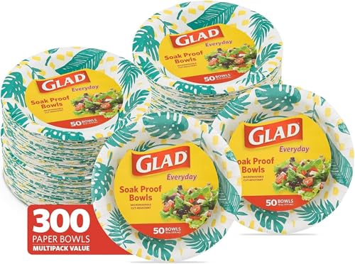 Glad Green Disposable Paper Bowls 16 Oz, 50 Pack (6 Sets) — Palm Leaf Design