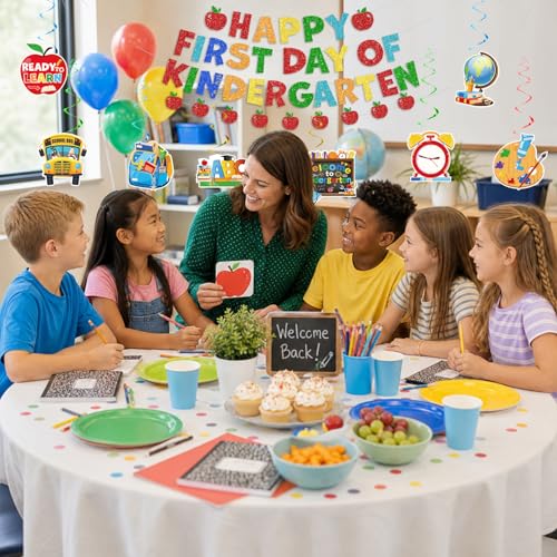 First Day of Kindergarten Banner Set with Hanging Swirls - No-DIY Decor for Photo Backdrops