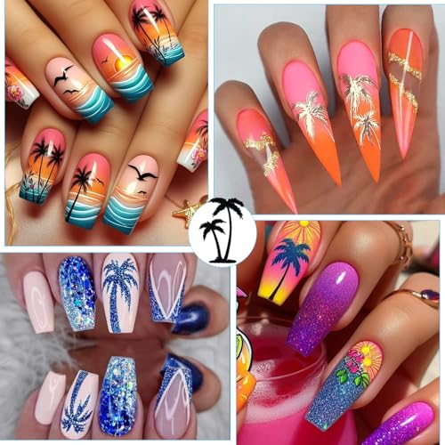 IDDFEVE Summer Palm Tree Nail Art Stickers - Sunset Coconut Tree Self-Adhesive Decals