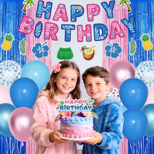 Amandir 67 Pcs Hawaiian Pink and Blue Birthday Decorations