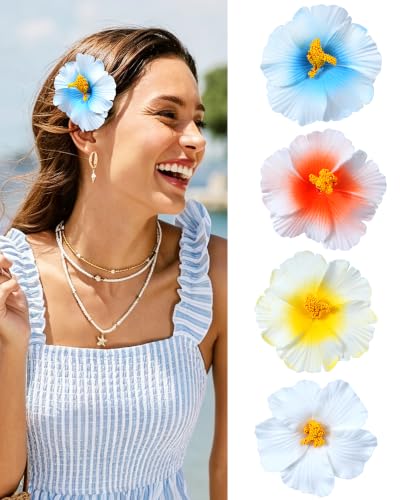ACECHA 4Pcs Hawaiian Flower Hair Clips Orchid & Hibiscus Duckbill Clips