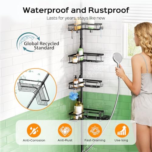 HAMITOR Shower Caddy - 4-Tier Rustproof Bathroom Organizer with Soap Holder & Hooks | Adjustable Tension Pole 47-123 Inch - Black