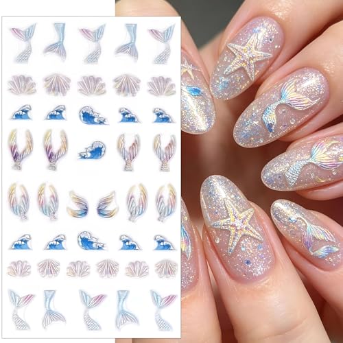 Holographic Mermaid Nail Stickers - 5D Embossed Shell & Scale Decals