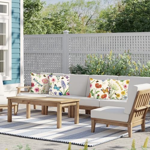 Bonhause Outdoor Floral Throw Pillow Covers 18x18 Set of 4 Spring Summer Wildflowers