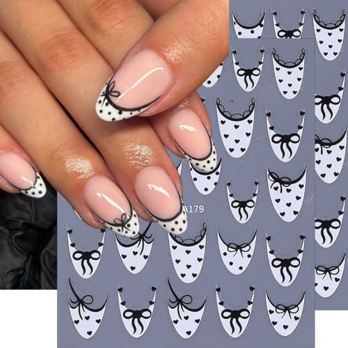 French Nail Stickers 6 Sheets Self-Adhesive Red Black Bow Heart Decals